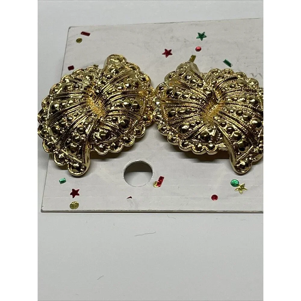 NOS Avon 1988 Fanfare Faux Marcasite Double Fan‎ Look Gold Tone Pierced Earrings